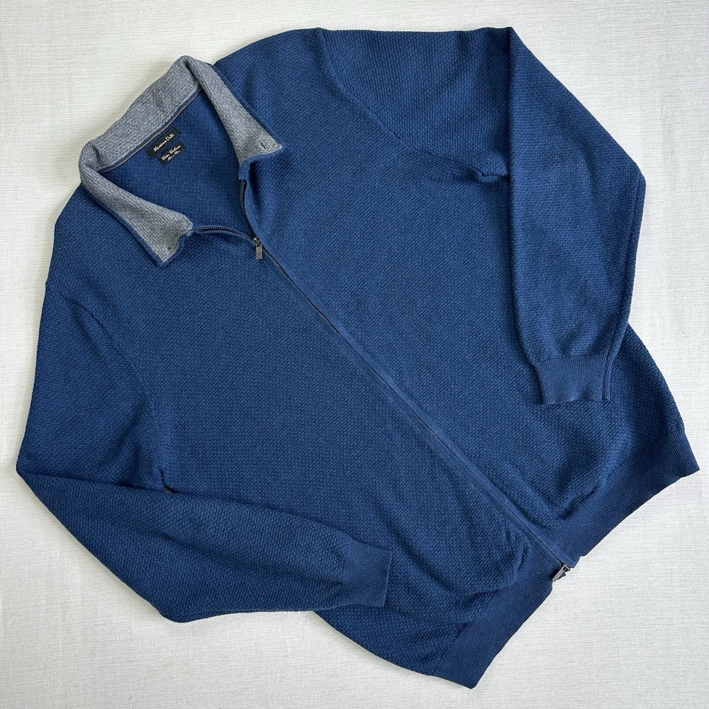 Massimo Dutti Sweater Mens XL Blue Cotton Cashmere Full Zip Waffle Knit Jacket
